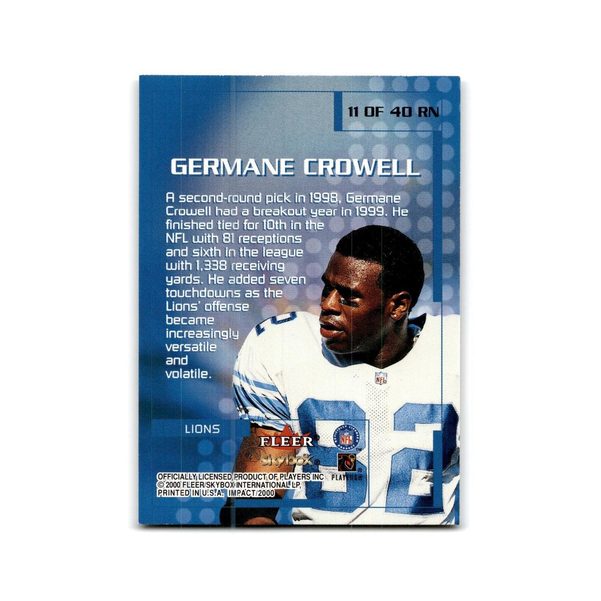 Germane Crowell 2000 Impact Rewind '99 #11 Detroit Lions Football Card NM