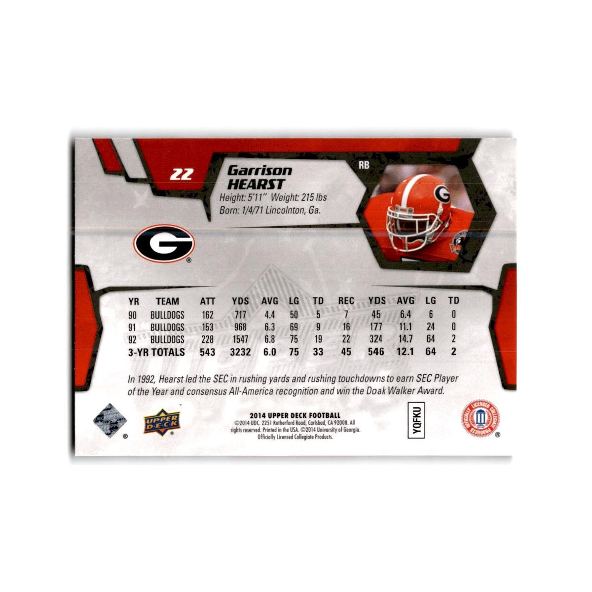 Garrison Hearst 2014 Upper Deck #22 Georgia Bulldogs Football Card NM
