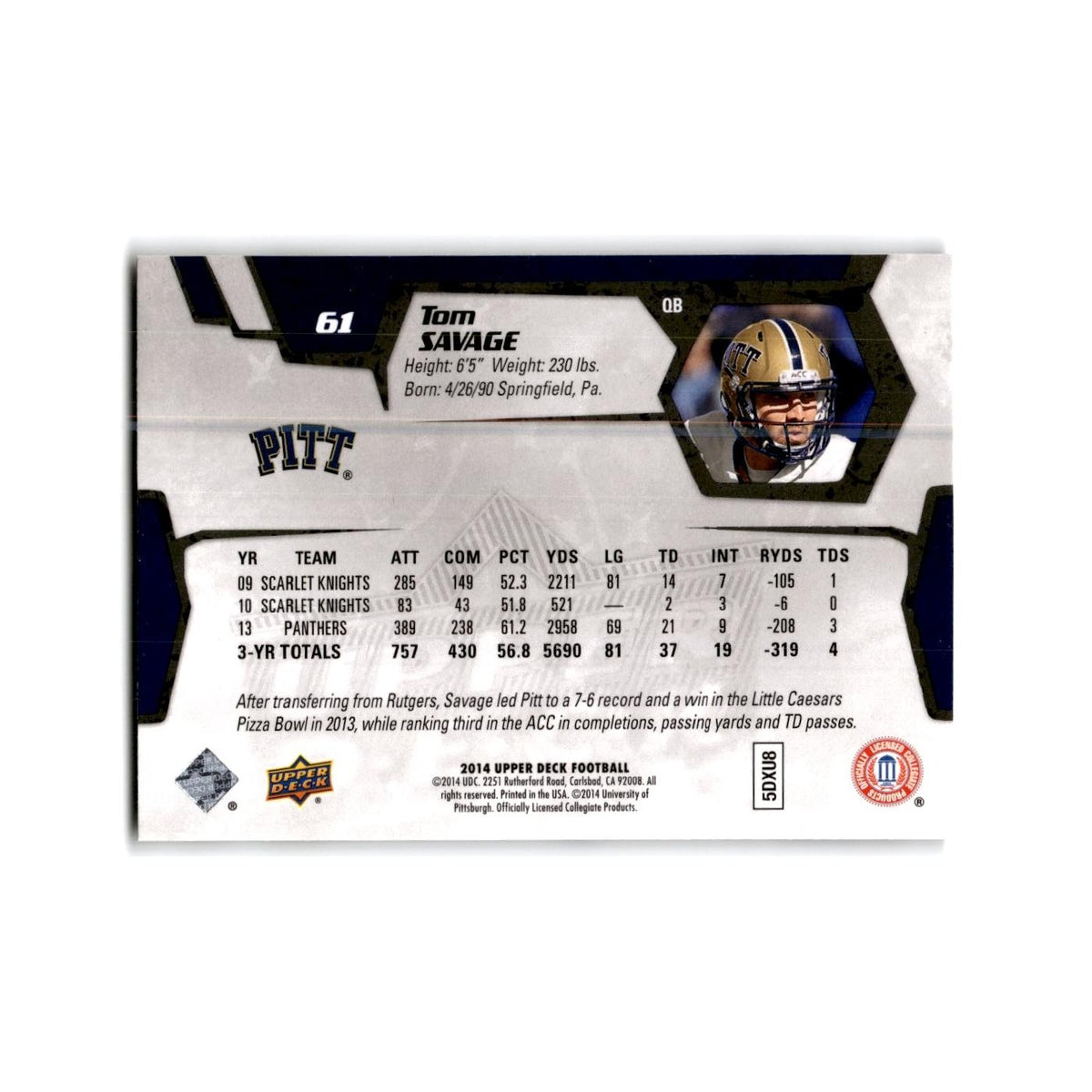 Tom Savage Rookie 2014 Upper Deck #61 Pittsburgh Panthers Football Card NM