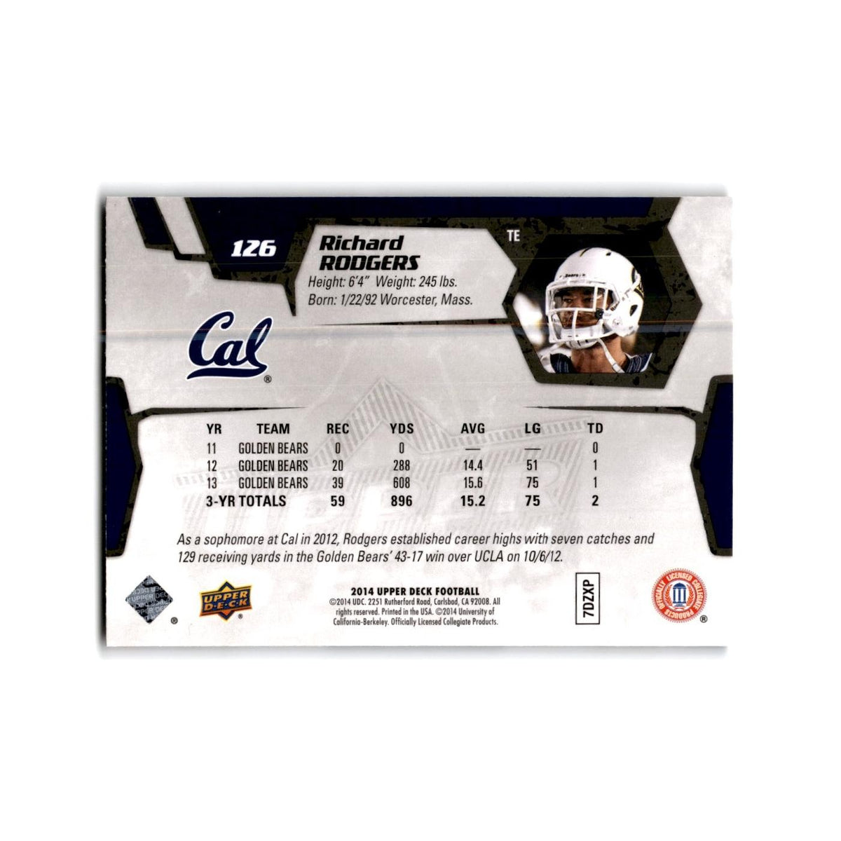 Richard Rodgers Rookie 2014 Upper Deck #126 California Golden Bears NM
