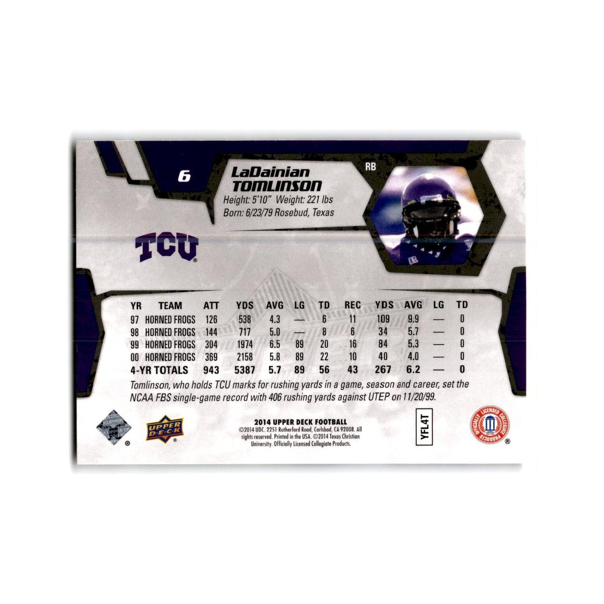 LaDainian Tomlinson 2014 Upper Deck #6 TCU Horned Frogs Football Card NM