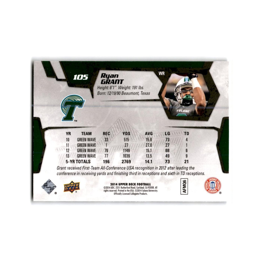 Ryan Grant Rookie 2014 Upper Deck #105 Tulane Green Wave Football Card NM