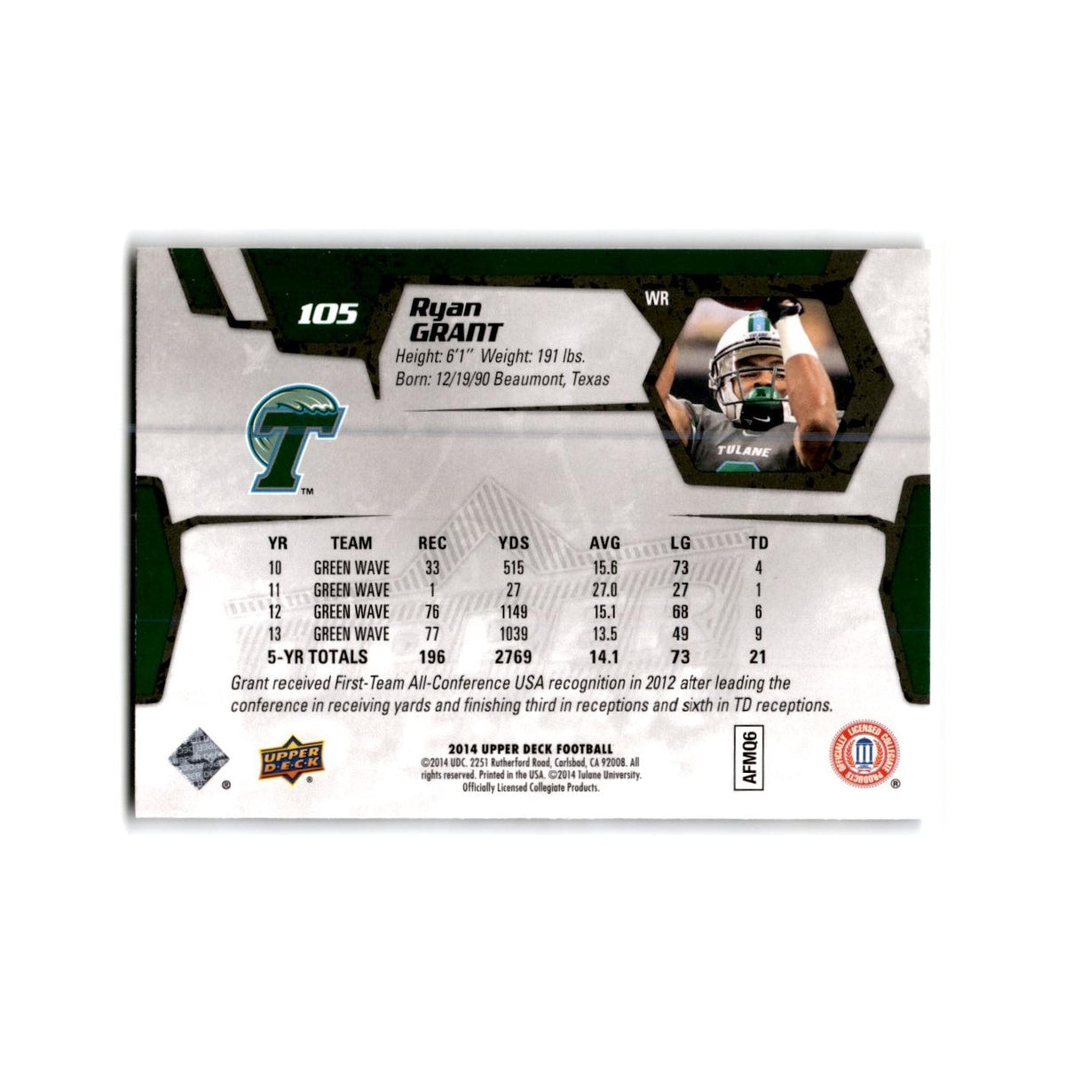 Ryan Grant Rookie 2014 Upper Deck #105 Tulane Green Wave Football Card NM