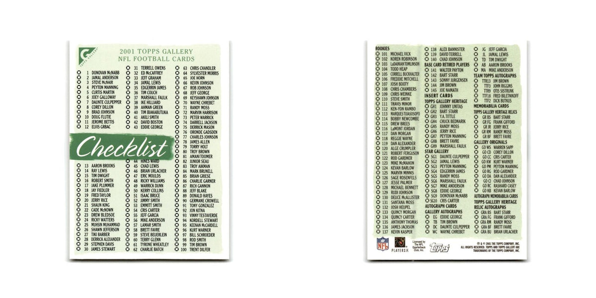 Checklist 2001 Topps Gallery #NNO Football Card NM