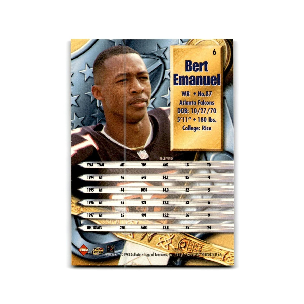 Bert Emanuel 1998 Collector's Edge Supreme Season Review #6 Atlanta Falcons NM
