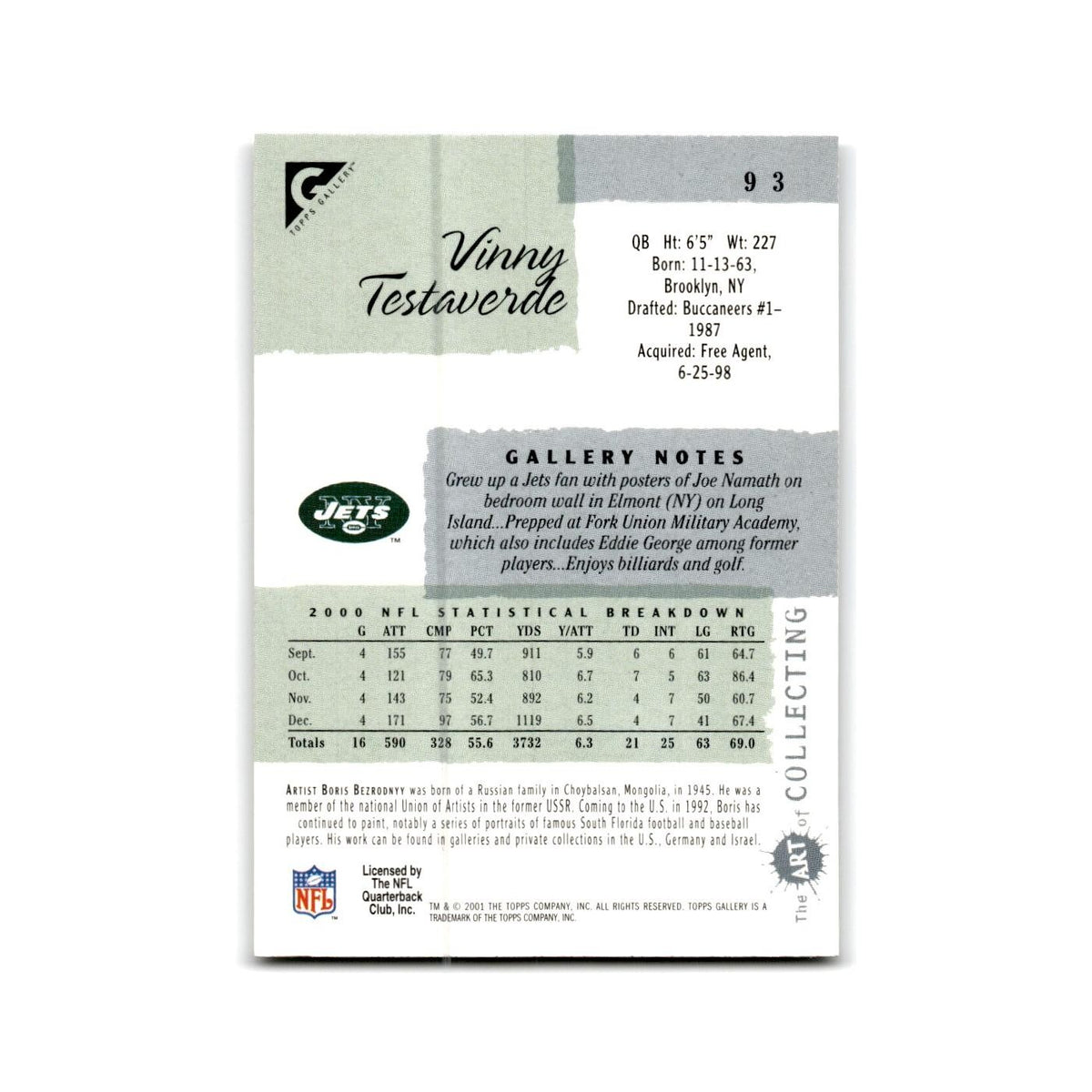 Vinny Testaverde 2001 Topps Gallery #93 New York Jets Football Card NM