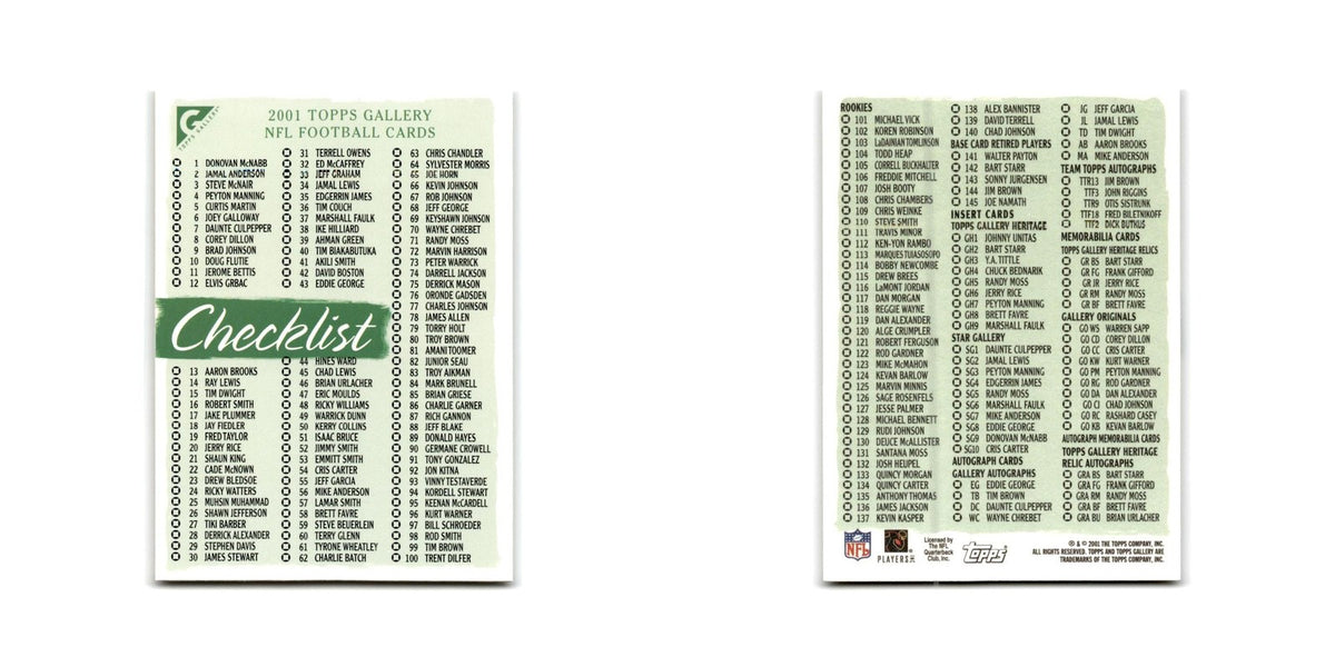 Checklist 2001 Topps Gallery #NNO Football Card NM