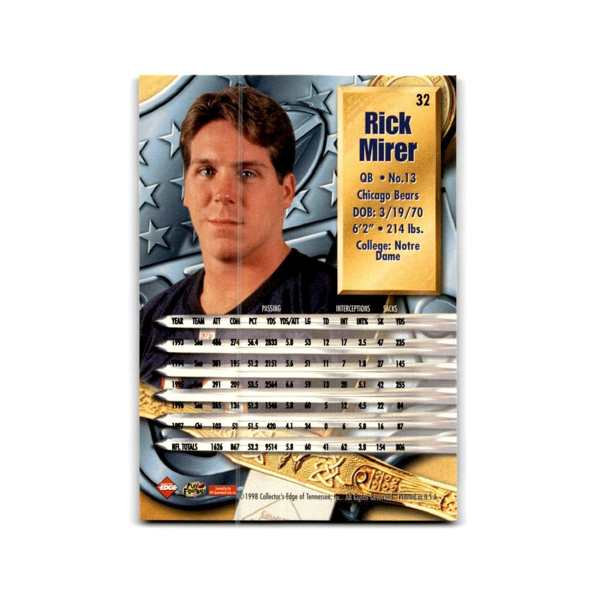 Rick Mirer 1998 Collector's Edge Supreme Season Review #32 Chicago Bears NM