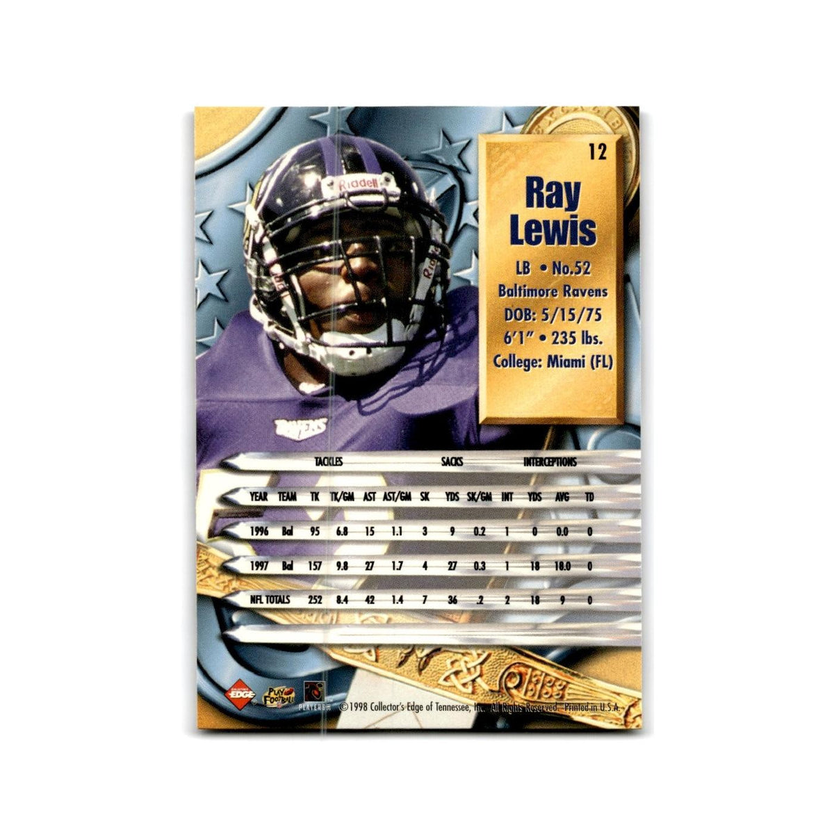 Ray Lewis 1998 Collector's Edge Supreme Season Review #12 Baltimore Ravens NM