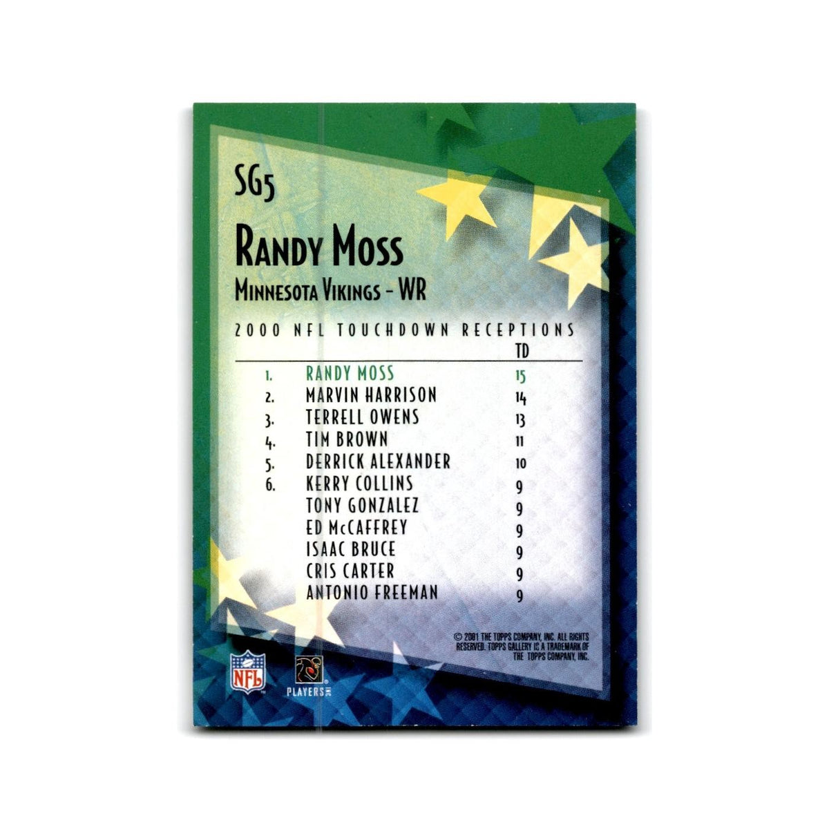Randy Moss 2001 Topps Gallery star #SG5 Minnesota Vikings Football Card NM
