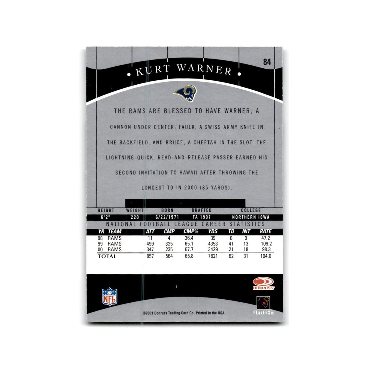 Kurt Warner 2001 Donruss Classics #84 St. Louis Rams Football Card NM