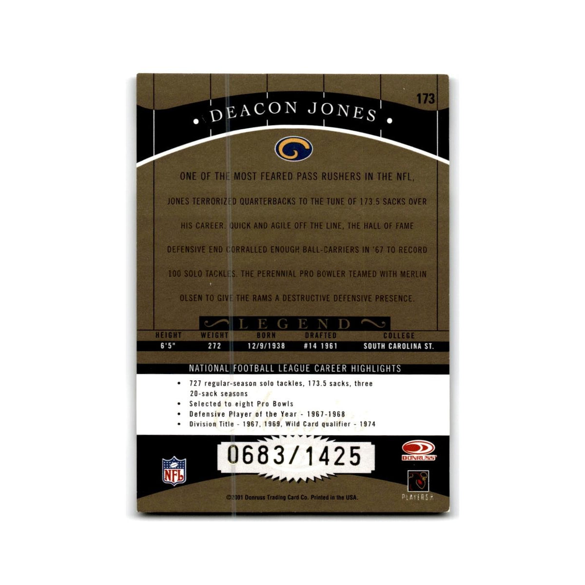 Deacon Jones #/100 2001 Donruss Classics #173 Los Angeles Rams Football Card NM