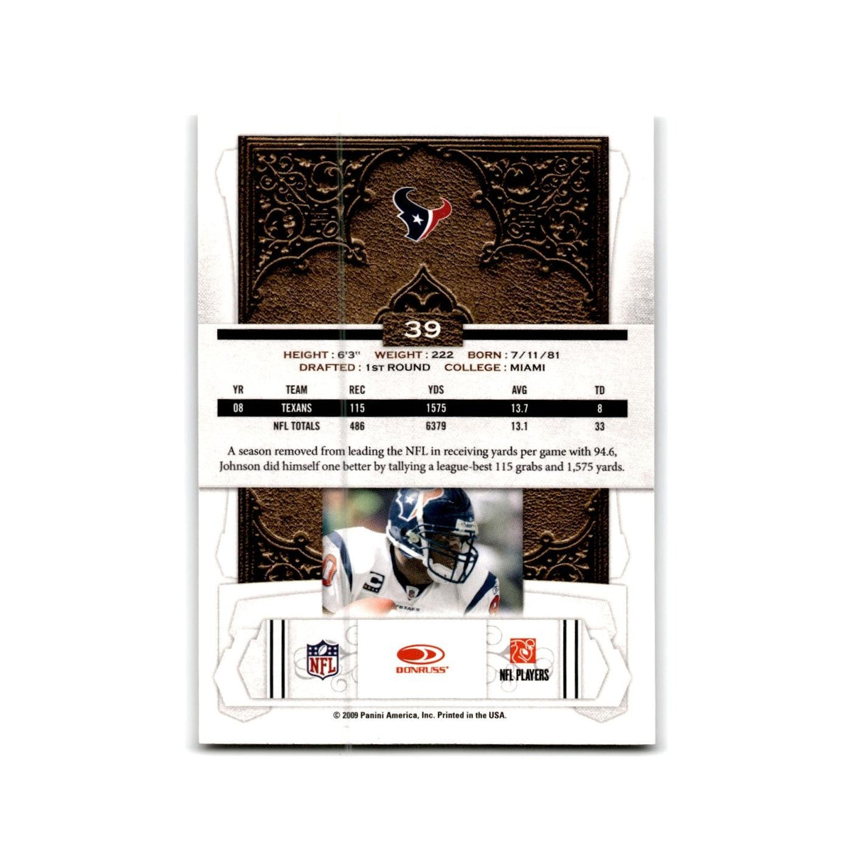 Andre Johnson 2009 Donruss Classics #39 Houston Texans Football Card NM