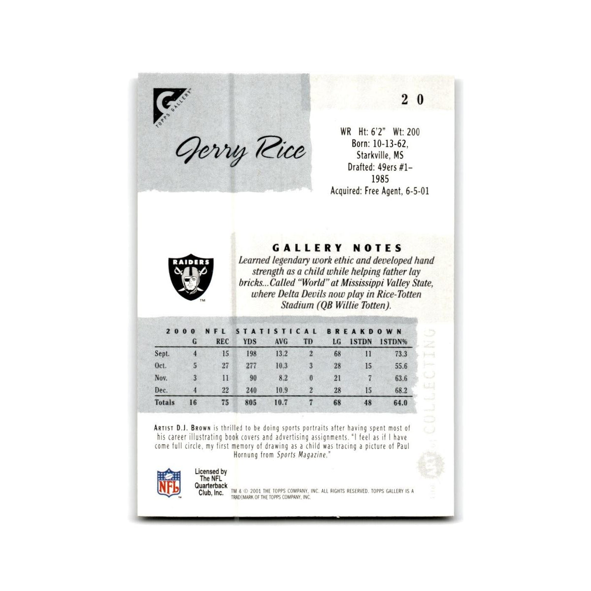 Jerry Rice 2001 Topps Gallery #20 Oakland Raiders Football Card NM