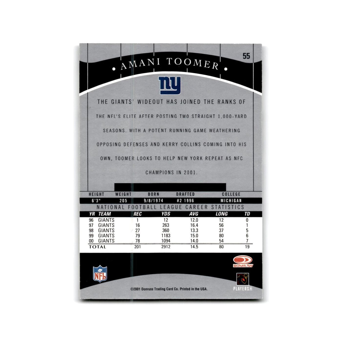 Amani Toomer 2001 Donruss Classics #55 New York Giants Football Card NM