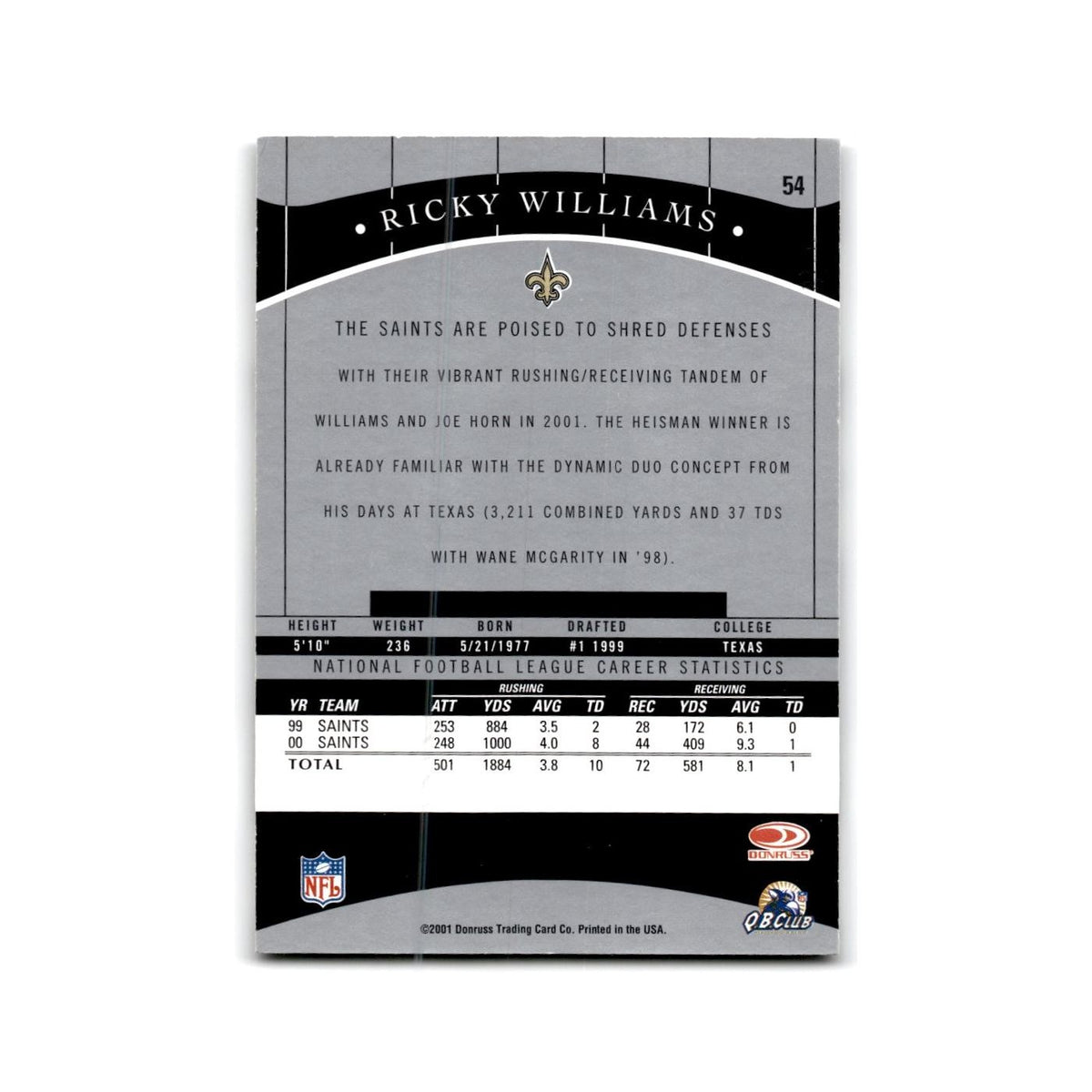 Ricky Williams 2001 Donruss Classics #54 New Orleans Saints Football Card NM