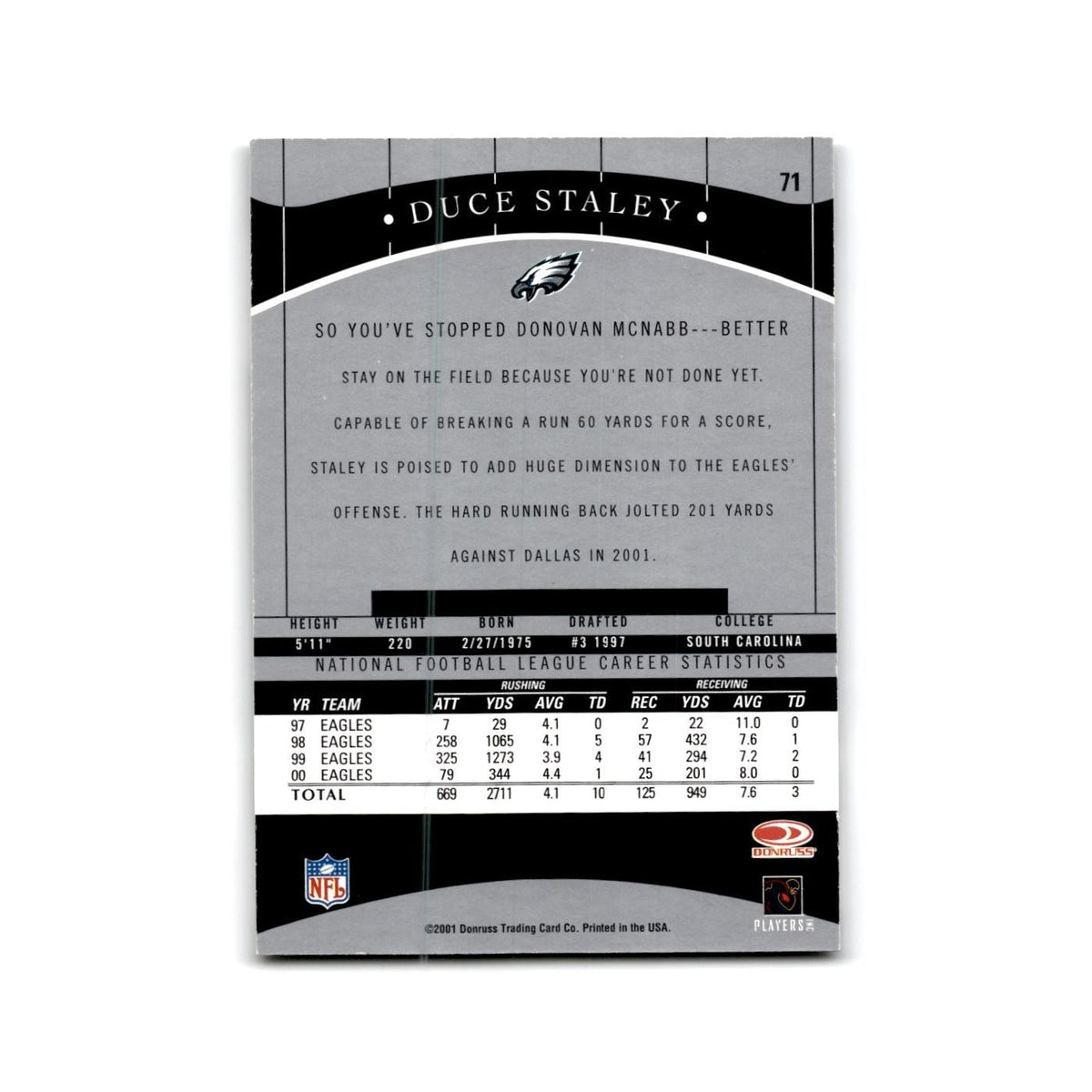 Duce Staley 2001 Donruss Classics #71 Philadelphia Eagles Football Card NM