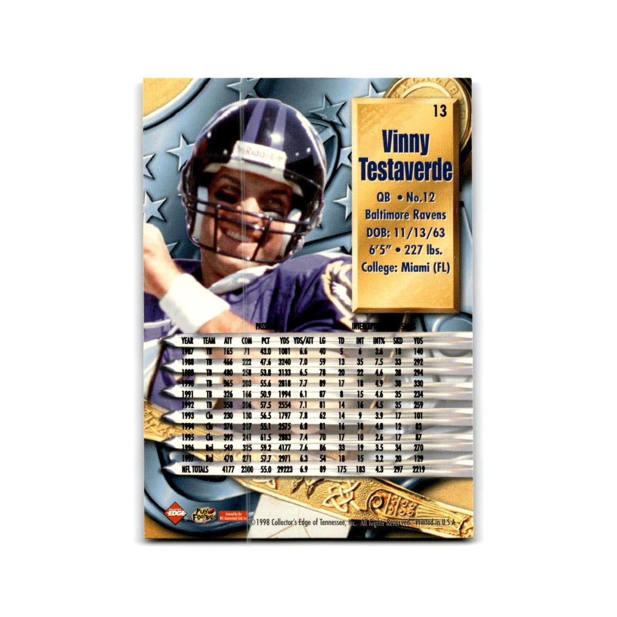 Vinny Testaverde 1998 Collector's Edge Supreme Season Review #13 Ravens NM