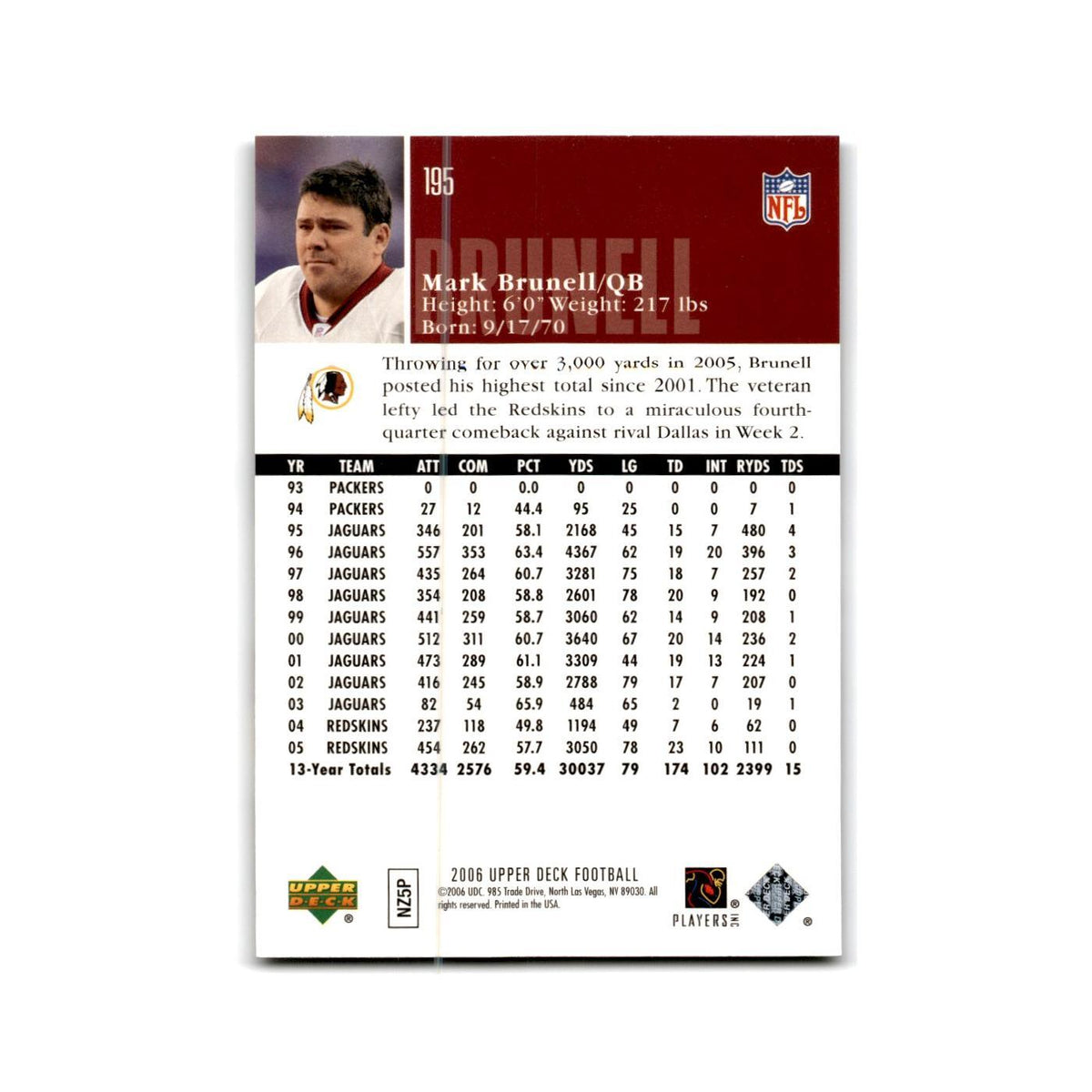 Mark Brunell 2006 Upper Deck #195 Washington Redskins Football Card NM