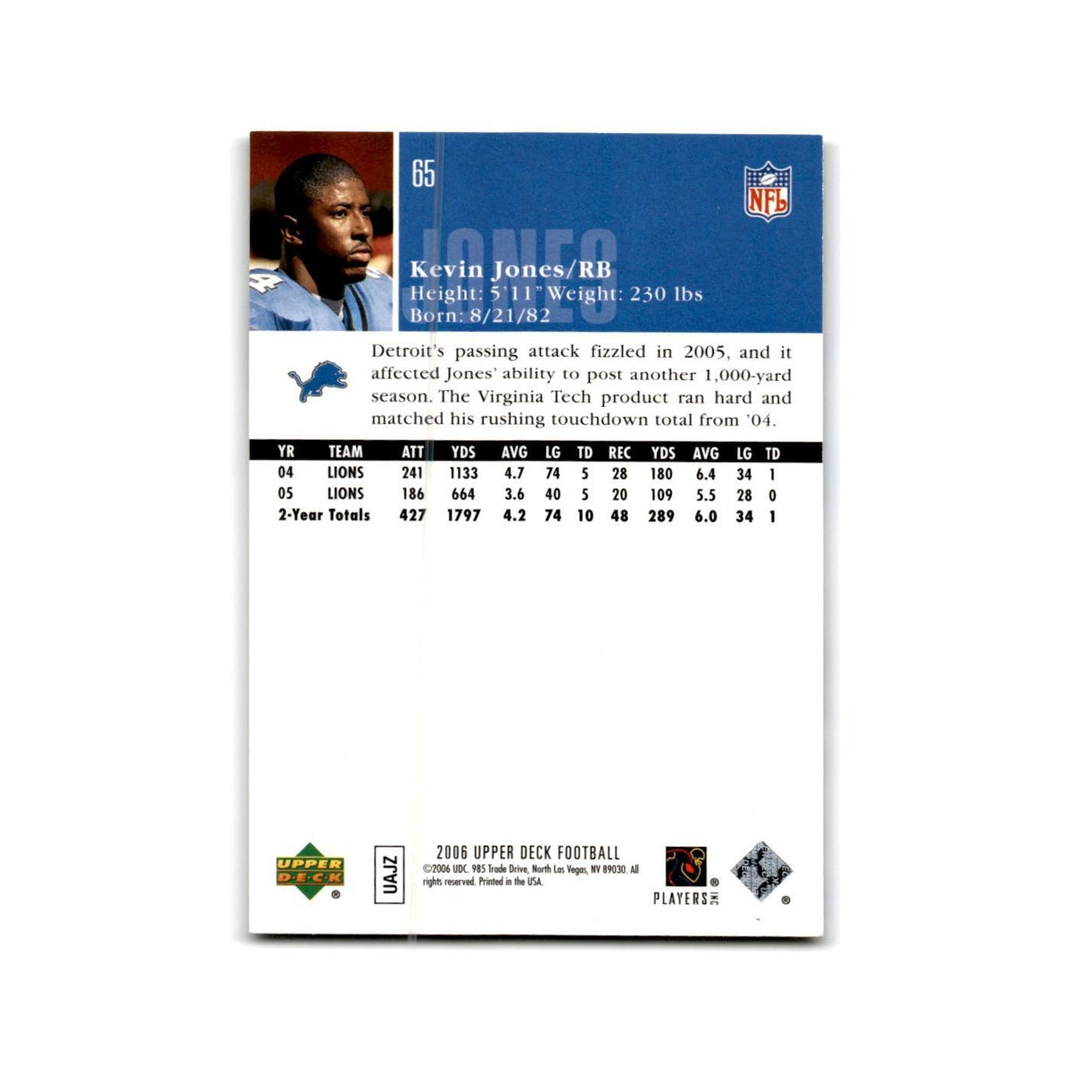 Kevin Jones 2006 Upper Deck #65 Detroit Lions Football Card NM