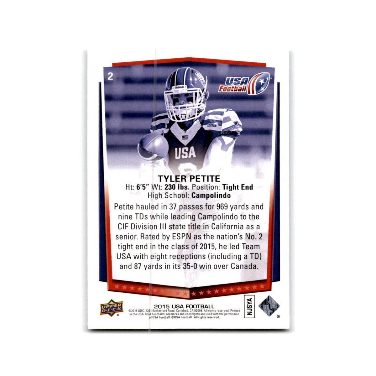 Tyler Petite 2015 Upper Deck USA #2 USA Football Card NM
