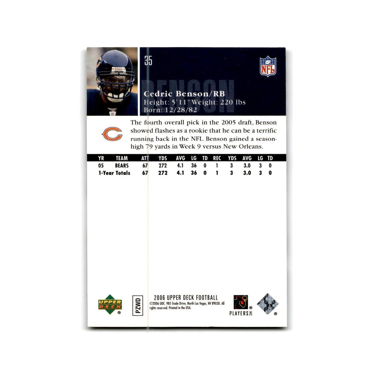 Cedric Benson 2006 Upper Deck #35 Chicago Bears Football Card NM