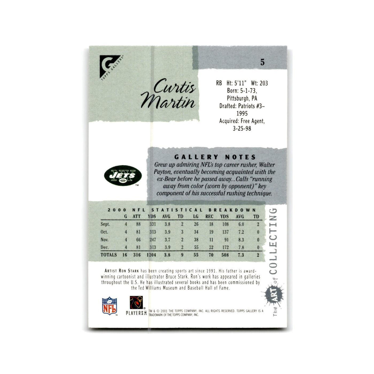 Curtis Martin 2001 Topps Gallery #5 New York Jets Football Card NM