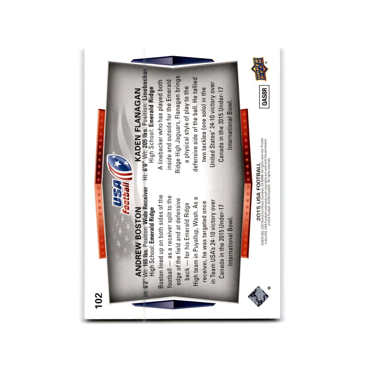 Andrew Boston Kaden Flanagan 2015 Upper Deck USA #102 USA Football Card NM