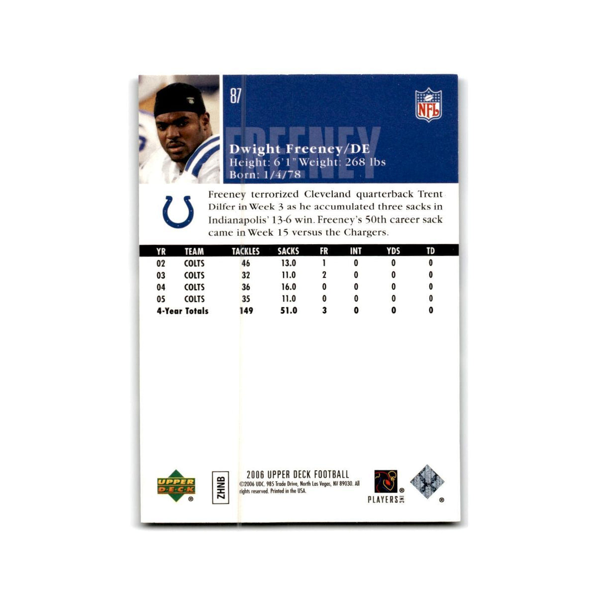 Dwight Freeney 2006 Upper Deck #87 Indianapolis Colts Football Card NM