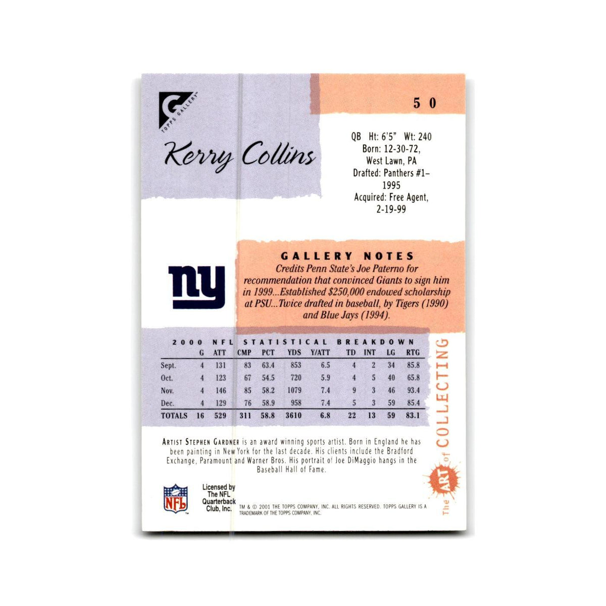 Kerry Collins 2001 Topps Gallery #50 New York Giants Football Card NM