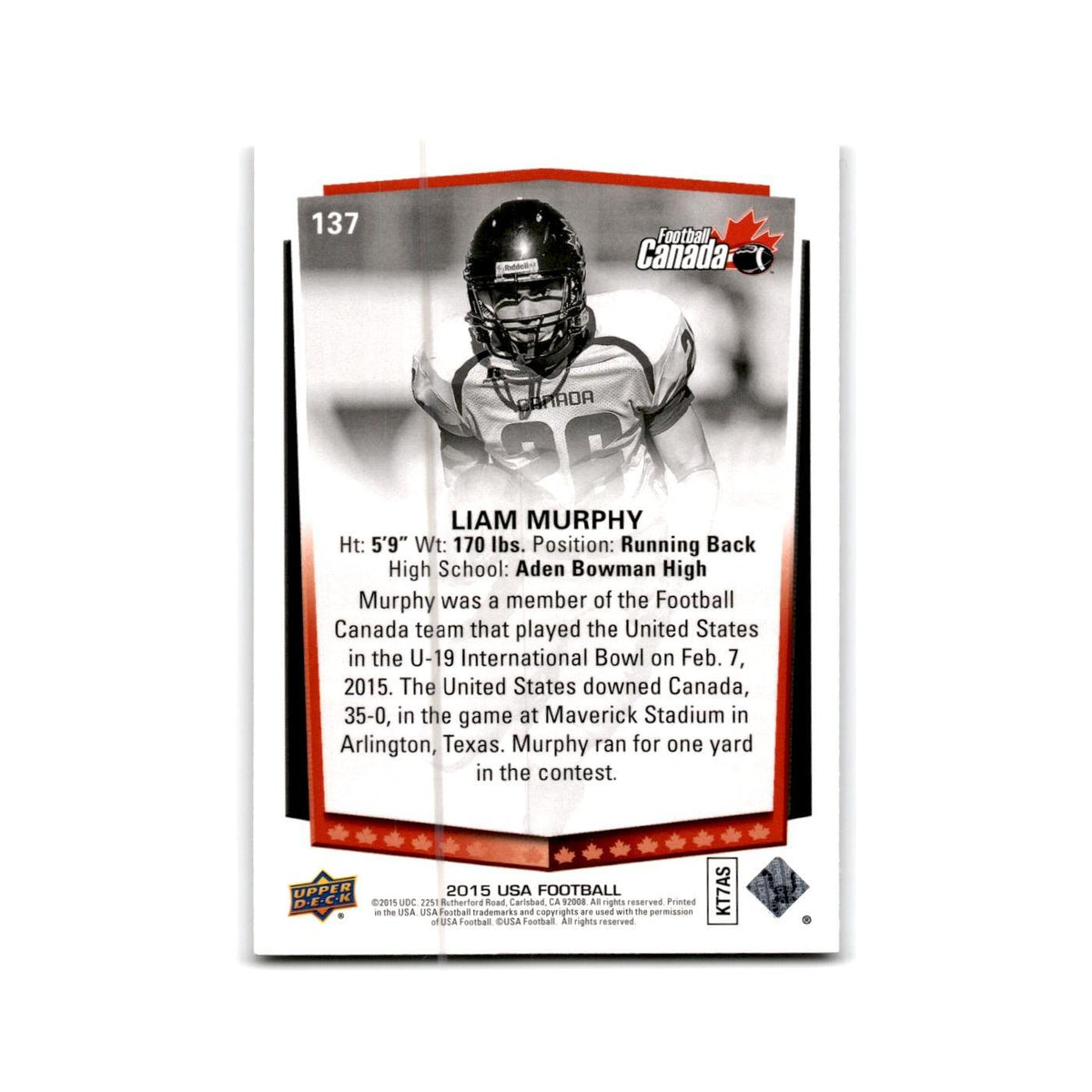Liam Murphy 2015 Upper Deck USA #137 Canada Football Card NM