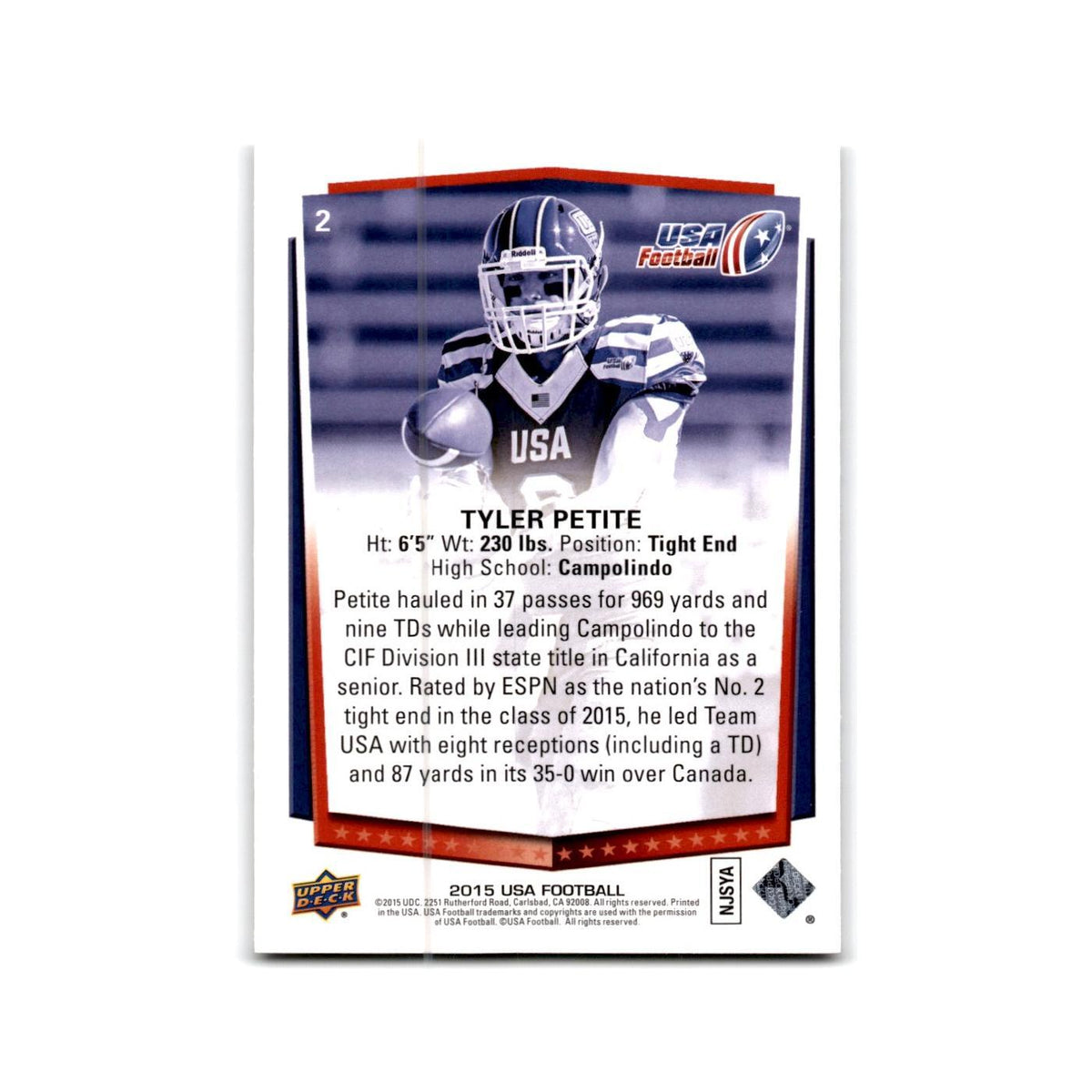 Tyler Petite 2015 Upper Deck USA #2 USA Football Card NM