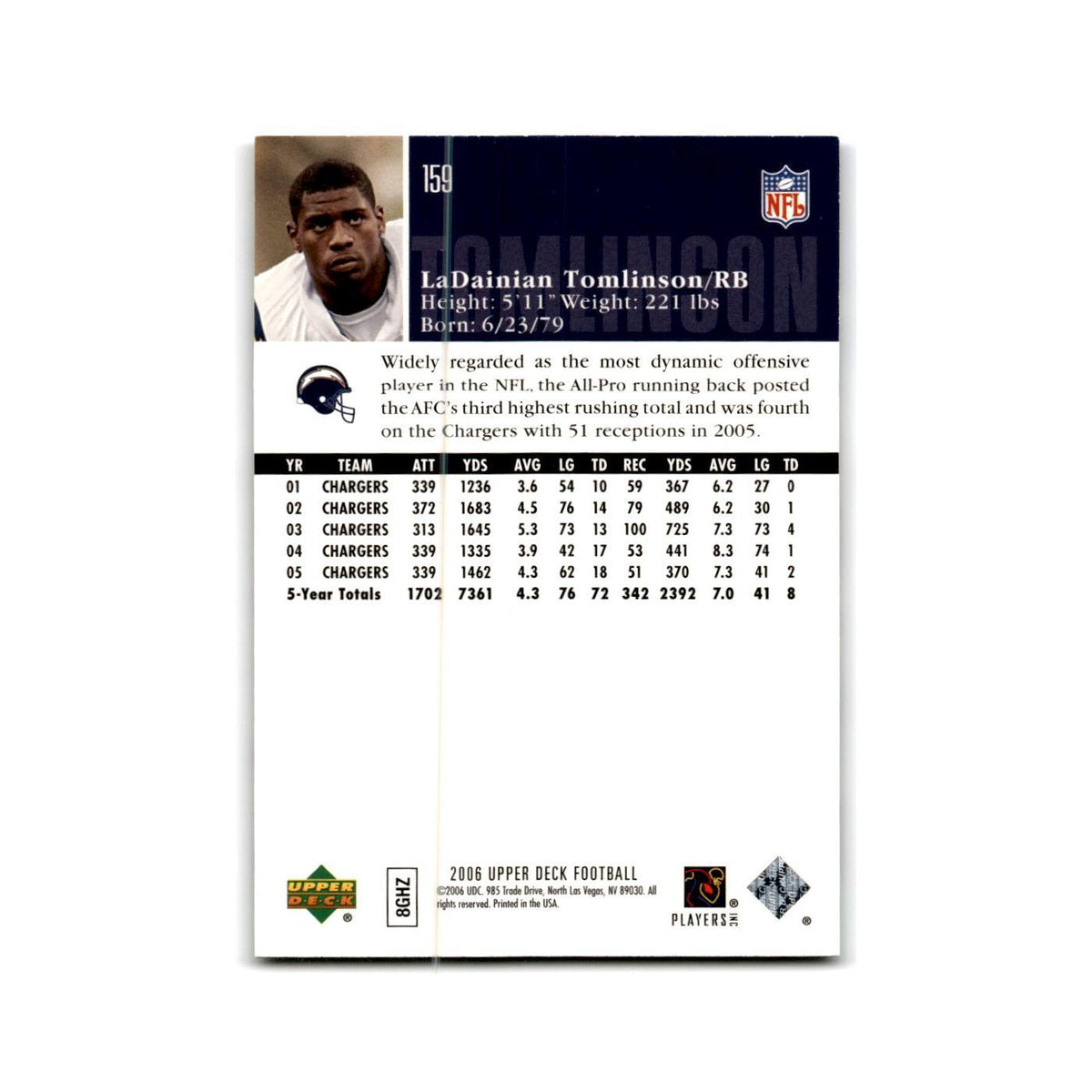 LaDainian Tomlinson 2006 Upper Deck #159 San Diego Chargers Football Card NM