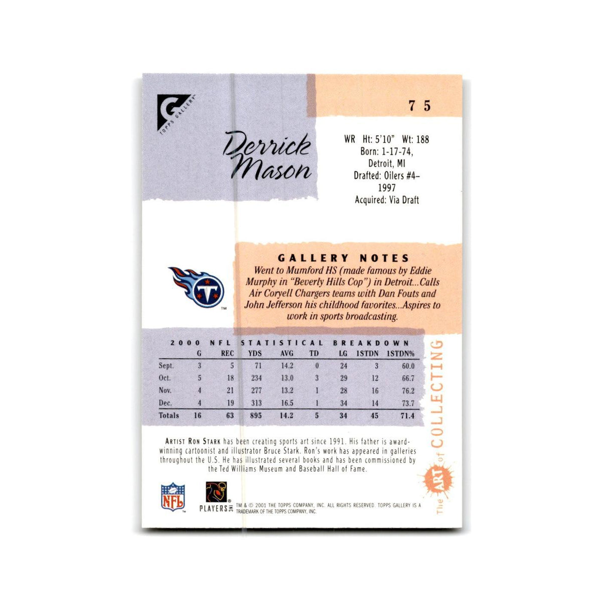 Derrick Mason 2001 Topps Gallery #75 Tennessee Titans Football Card NM