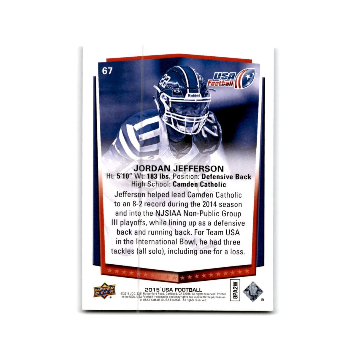 Jordan Jefferson 2015 Upper Deck USA #67 USA Football Card NM