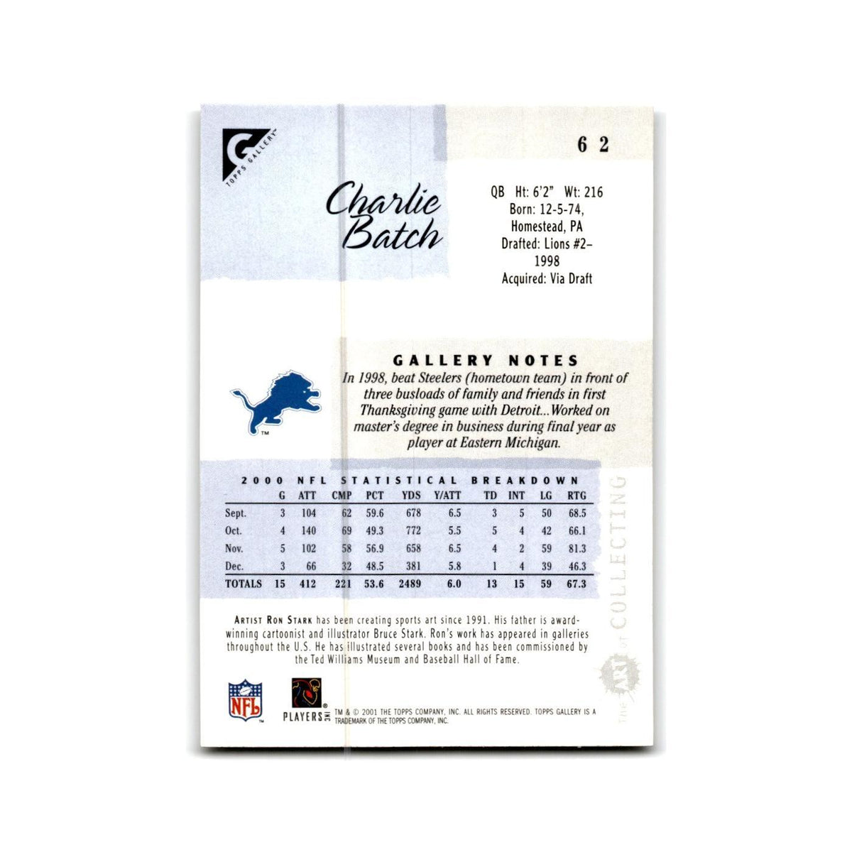 Charlie Batch 2001 Topps Gallery #62 Detroit Lions Football Card NM