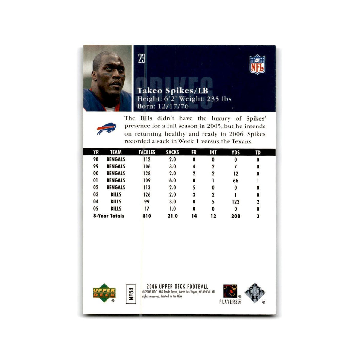 Takeo Spikes 2006 Upper Deck #23 Buffalo Bills Football Card NM