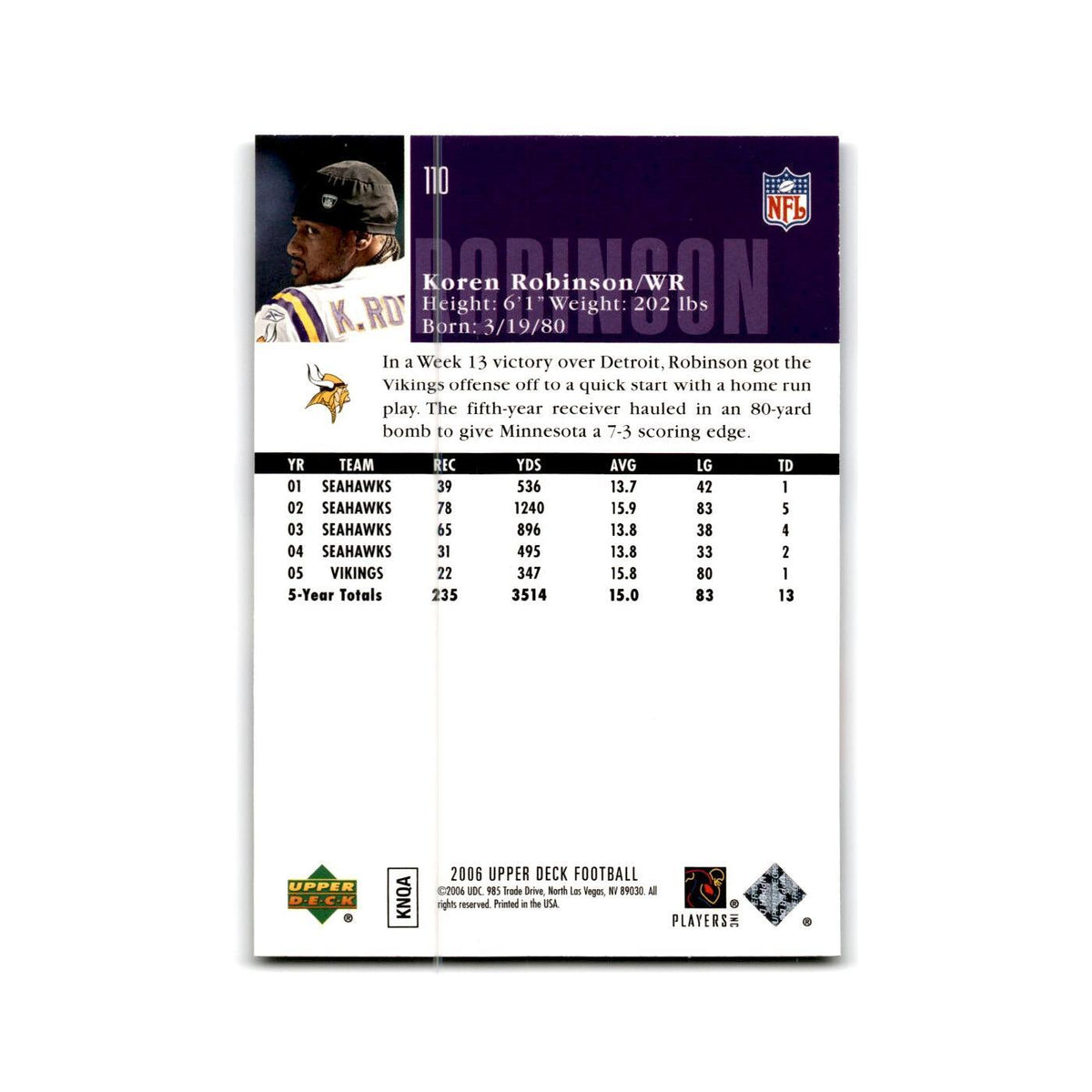 Koren Robinson 2006 Upper Deck #110 Minnesota Vikings Football Card NM