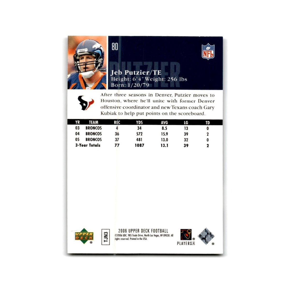Jeb Putzier 2006 Upper Deck #80 Houston Texans Football Card NM