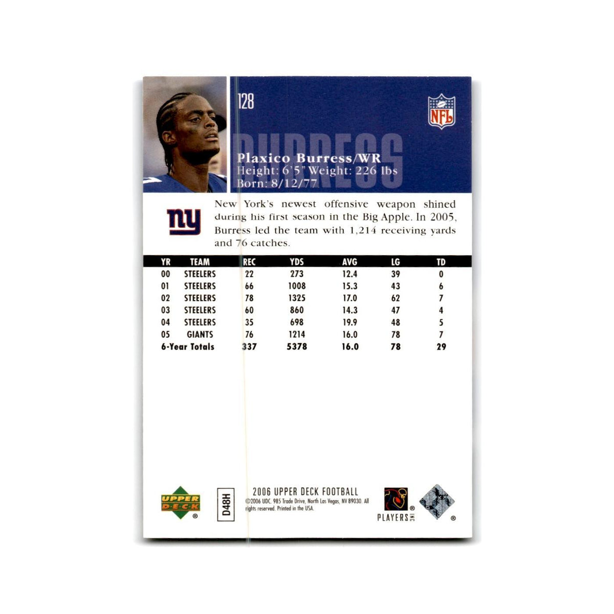 Plaxico Burress 2006 Upper Deck #128 New York Giants Football Card NM