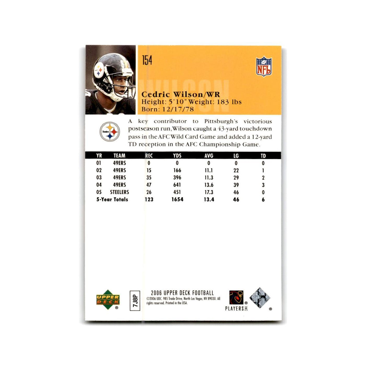 Cedrick Wilson 2006 Upper Deck #154 Pittsburgh Steelers Football Card NM