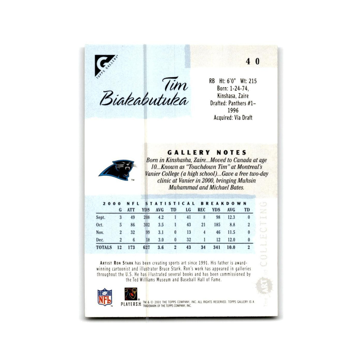 Tim Biakabutuka 2001 Topps Gallery #40 Carolina Panthers Football Card NM