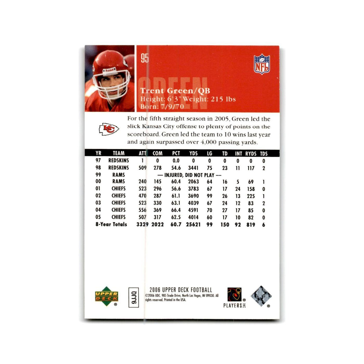 Trent Green 2006 Upper Deck #95 Kansas City Chiefs Football Card NM
