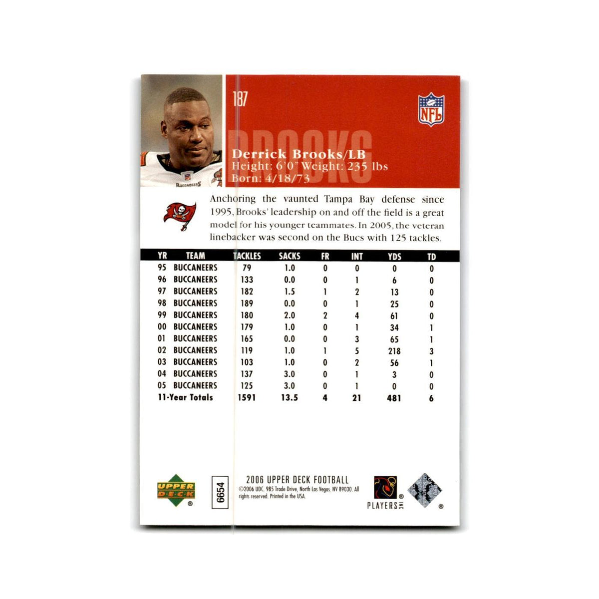 Derrick Brooks 2006 Upper Deck #187 Tampa Bay Buccaneers Football Card NM