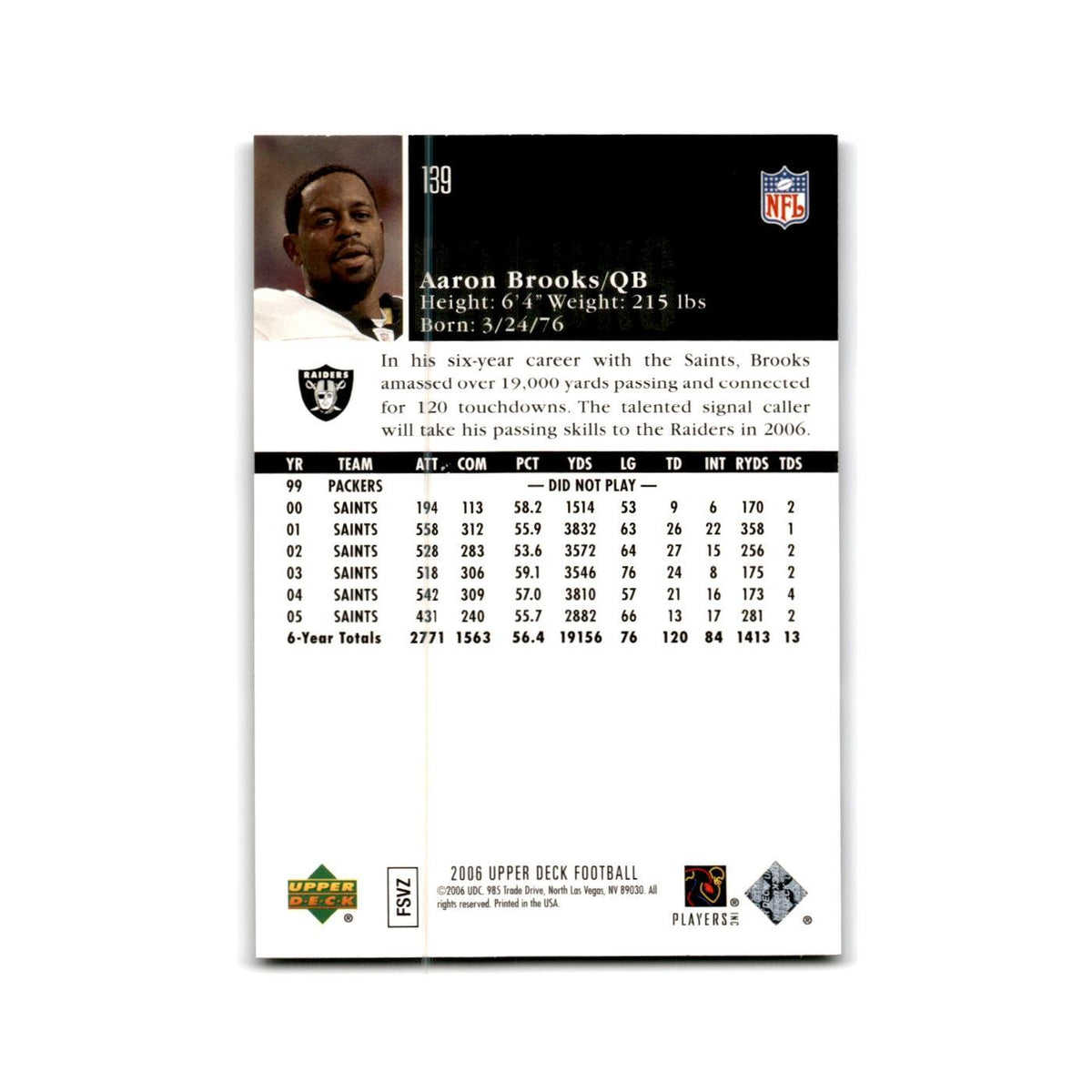 Aaron Brooks 2006 Upper Deck #139 Oakland Raiders Football Card NM