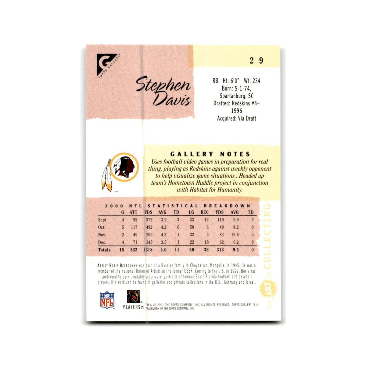 Stephen Davis 2001 Topps Gallery #29 Washington Redskins Football Card NM