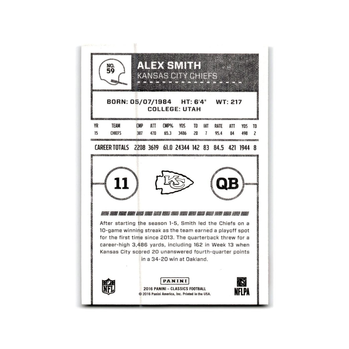 Alex Smith 2016 Panini Classics #59 Kansas City Chiefs Football Card NM