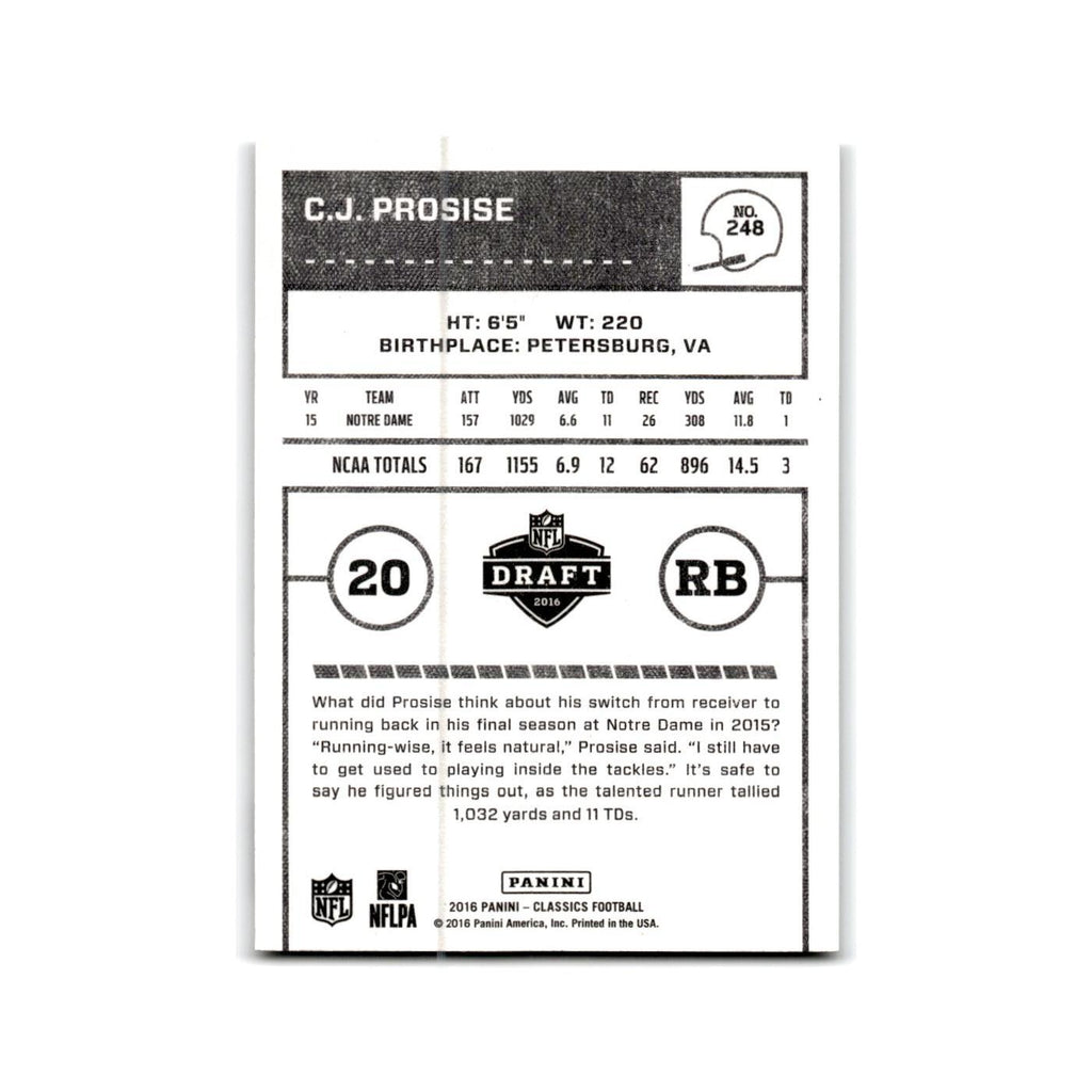 C.J. Prosise Rookie 2016 Panini Classics #248 Notre Dame Fighting Irish NM