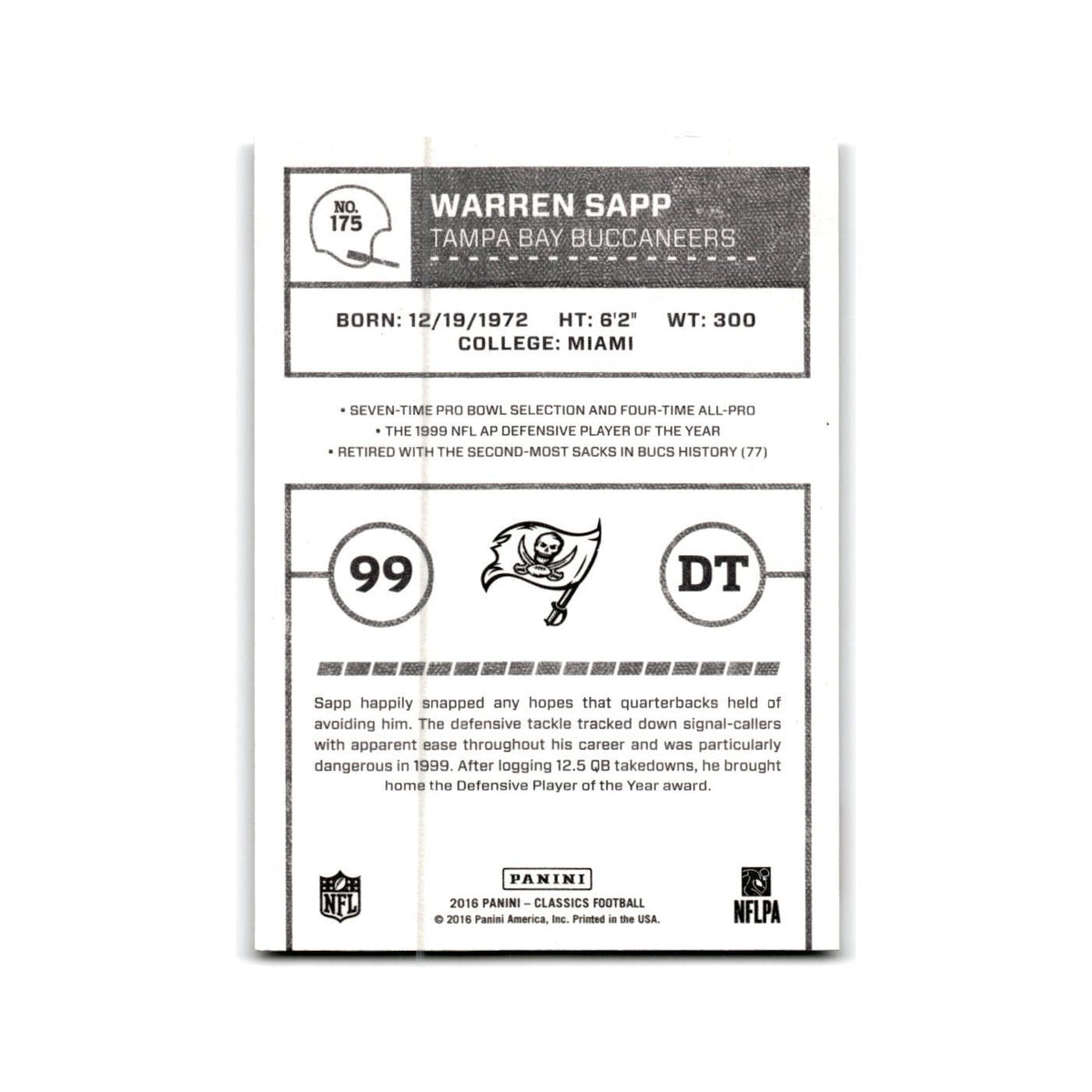 Warren Sapp 2016 Panini Classics #175 Tampa Bay Buccaneers Football Card NM
