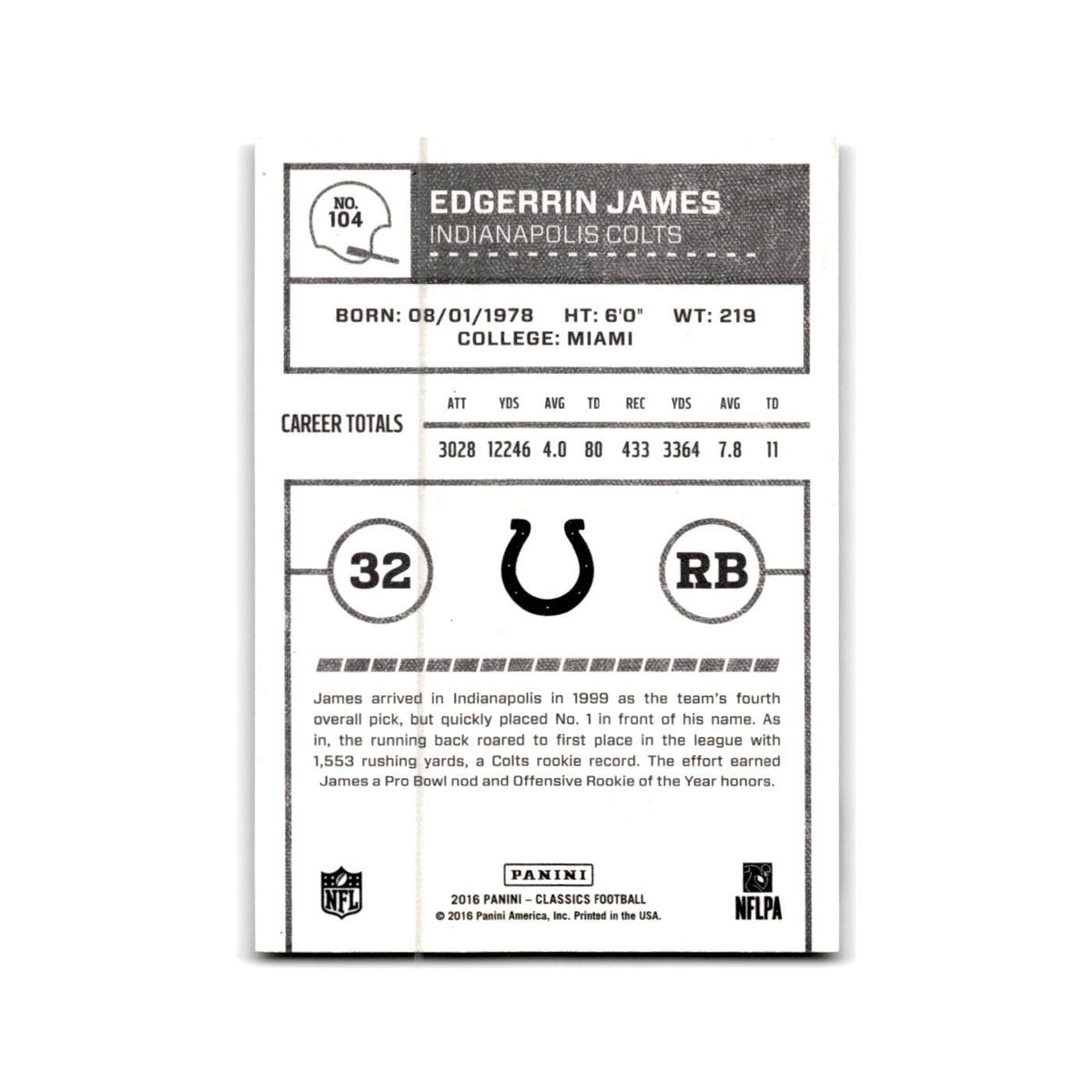Edgerrin James 2016 Panini Classics #104 Indianapolis Colts Football Card NM